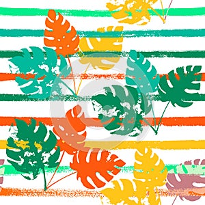 Sailor Stripes Vector Seamless Pattern, Orange Green Vivid Exotic Floral Fabric Design.  Cool
