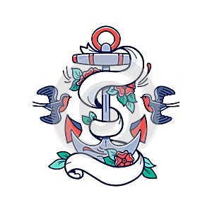 Sailor tattoo style decorated banner with anchor