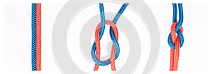 Sailor, tie and how to knot with rope in tutorial, guide or instruction steps to connect string for security. Creative