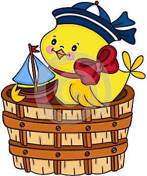 Sailor yellow chick playing little boat in wooden tub