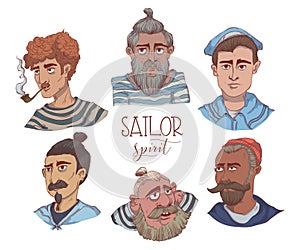 Sailors and captains set. Funny cartoon characters. Concept design for print, poster, tattoo, sticker, card. Isolated objects on w