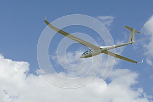 Sailplane gliding through the sky.