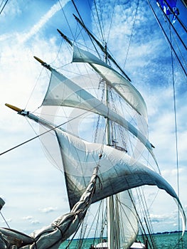 Sails, mast and ropes view from below of a classic sailingship.