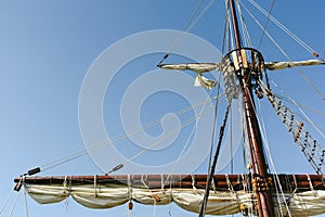 Sails and ropes of the main mast of a caravel ship, Santa MarÃ­a Columbus ships