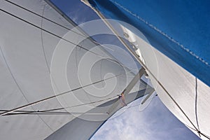 Sails of a sailing yacht in the wind looking into the sky