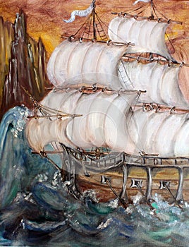 Sailship in storm fine art oil painting