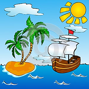 Sailship and tropical island