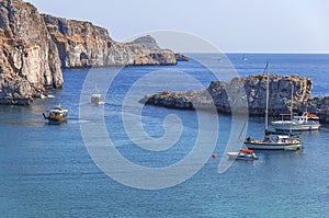 Sain Paul bay of city Lindos at iceland Rhodes with several boats