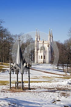 Saint Alexander Nevsky Orthodox church Gothic chapel in Alexandria park. Suburb of Saint Petersburg, Russia