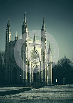 Saint Alexander Nevsky Orthodox church Gothic chapel in Alexandria park. Suburb of Saint Petersburg, Russia ,