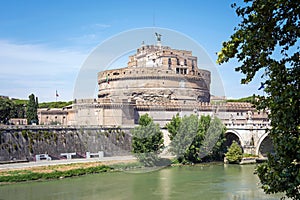 Saint Angel Castle and bridge over the Tiber river in Rome, Italy.