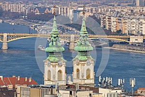 Saint Anne Parish church towers view and Danube river in Budapest