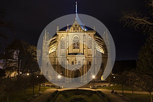 Saint Barbara`s Church in Kutn Hora at night. Czech Republic