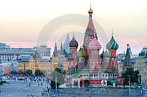 Saint Basil Cathedral at Red Square. Sunset in Moscow, Russia