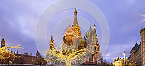 Saint Basil cathedral  Temple of Basil the Blessed and Christmas New Year decoration, Russia.