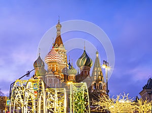 Saint Basil cathedral  Temple of Basil the Blessed and Christmas New Year decoration, Russia.