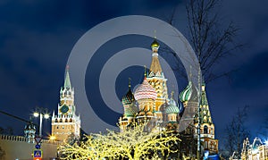 Saint Basil cathedral  Temple of Basil the Blessed and Christmas New Year decoration, Russia.