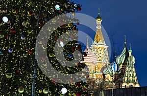 Saint Basil cathedral  Temple of Basil the Blessed and Christmas New Year decoration, Russia.