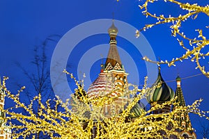 Saint Basil cathedral  Temple of Basil the Blessed and Christmas New Year decoration, Russia.