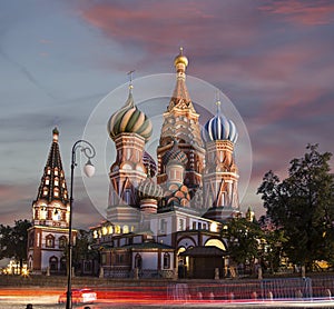 Saint Basil cathedral Temple of Basil the Blessed at night, Red Square, Moscow, Russia.