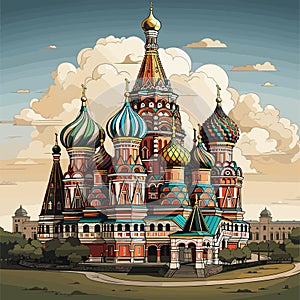 Saint Basil\'s Cathedral hand-drawn comic illustration. Cathedral of Vasily the Blessed