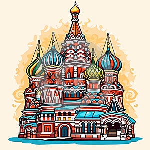 Saint Basil\'s Cathedral hand-drawn comic illustration. Cathedral of Vasily the Blessed