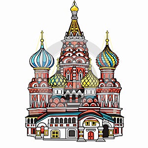 Saint Basil\'s Cathedral hand-drawn comic illustration. Cathedral of Vasily the Blessed