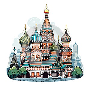 Saint Basil\'s Cathedral hand-drawn comic illustration. Cathedral of Vasily the Blessed