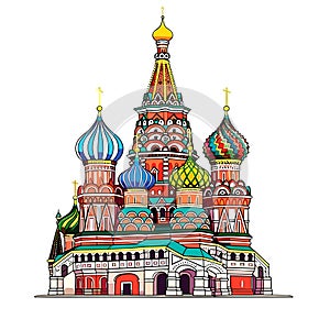 Saint Basil\'s Cathedral hand-drawn comic illustration. Cathedral of Vasily the Blessed