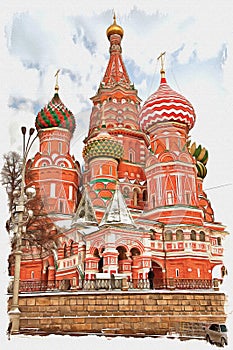 Saint Basil`s Cathedral. Imitation of a picture. Oil paint. Illustration