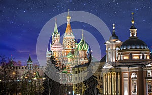 Saint Basil`s Cathedral in Moscow, Russia at night