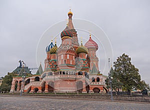 Saint Basil`s Resurrection Cathedral tops on the Moscow Russia. Red Square