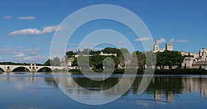 The Saint Benezet bridge, the old city, Avignon, Vaucluse department, France. In the foreground is the river Rhone.