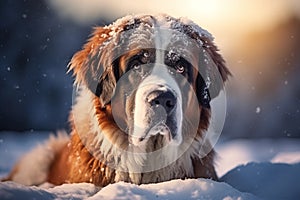 Saint Bernard dog laying down in the snow Ai photo
