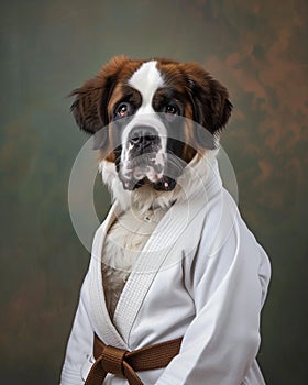 Saint Bernard Dog wearing a Jiu-Jitsu Gi wearing brown belt