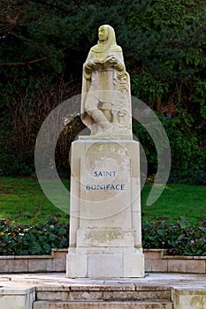 Saint Boniface statue in Crediton park Devon United Kingdom February 20 2021