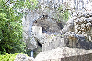 Saint cave of Covadonga with a lion in front, Cangas de OnÃ­s