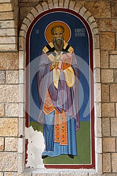 Saint Clement of Ohrid, fresco in the Church of Saint Paraskeva of the Balkans near Saint Naum Monastery, Ohrid in Macedonia