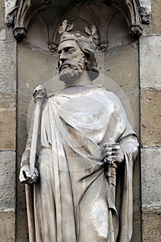 Saint Clovis, the first king of the Franks, statue on the portal of the Basilica of Saint Clotilde in Paris