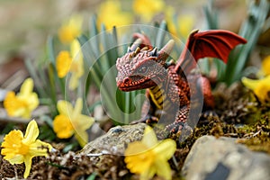 Saint David's Day Holiday celebration in Wales greeting card with a cute Red Welsh dragon in yellow daffodil flowers