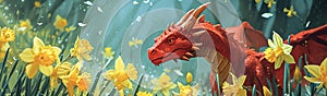 Saint David's Day Holiday celebration in Wales, UK concept. Red Welsh dragon in yellow daffodil flowers illustration