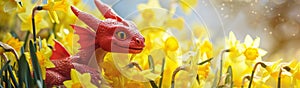 Saint Davids Day Holiday celebration in Wales, United Kingdom. Red Welsh dragon in yellow daffodil flowers illustration