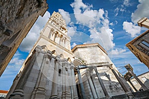 The Saint Domnius Cathedral and bell tower in the Diocletian`s Palace Old Town of Split, Croatia