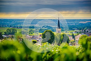 Saint Etienne des Oullieres village of Beaujolais with morning lights