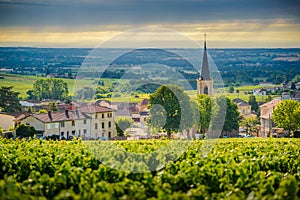 Saint Etienne des Oullieres village of Beaujolais with morning lights