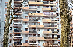Saint-Etienne, France - January 27th 2020 : Focus on cyan and orange modern buildings known as 