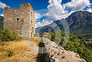 Saint-Firmin castle ruins and Petit Chaillol. Valgaudemar, Alps, France photo