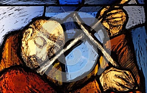 Saint Francis of Assisi, detail of stained glass window in Franciscan abbey in Kleinostheim, Germany