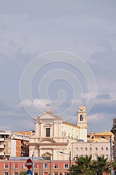 Saint Francis cathedral and cloudy sky. Civitavecchia, Italy