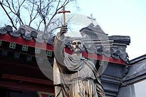 Saint Francis Xavier statue in front Saint Joseph Cathedral in Beijing